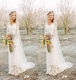 Romantic Boho Wedding Dresses Long Sleeve Neck A Line Full Lace Country Style Bridal Gown Custom Made8996393