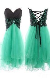 2019 Short Prom Dresses Black Lace Appliques Beaded Mini Party Gowns Sweetheart Empire Lace up Back Turquoise Tulle Custom Made Ch4864137