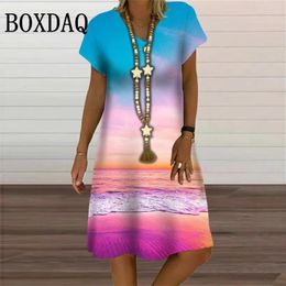 Party Dresses Tie Dye Gradual Scenery Print For Women 2024 Summer Beach Holiday Dress Loose Casual Large Size Short Sleeve