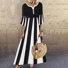 Casual Dresses Women Vintage Long Maxi Kaftan Dress Summer Striped Printed Elegant Button V Neck 3/4 Sleeve Loose Robe