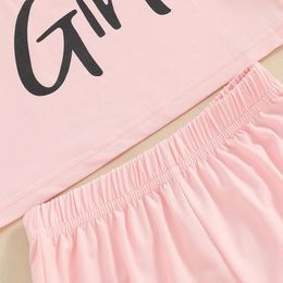 Clothing Sets Little Girl Summer Clothes Letter Print Sleeveless Round Neck Bow Tank Tops Solid Colour Shorts 2PC Casual Outfit
