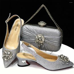 Dress Shoes 2024 Latest Rhinestone Striped Silver Color Pointed Toe High Heel Women's Sandals Wedding And Party Luxury Ladies Bag