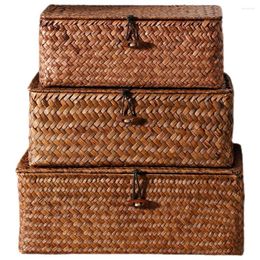 Storage Bags 3 Pcs Home Accents Decor Seagrass Basket Lid Woven Box Makeup Organiser Decorative Bins Lids Seaweed Toy Case Desktop