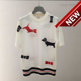 Tb High 2024 Spring New College Style Hollow Puppy Jacquard Top Round Neck Short Sleeve Wool Knitwear for