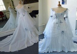Vintage Celtic Wedding Dresses White And Pale Blue Colourful Mediaeval Bridal Gowns Scoop Neckline Corset Long Bell Sleeves Applique4672898