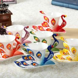 Mugs European 3D Creative Enamel Porcelain Peacock Coffee Cup And Saucer Set Home Cups To Send Friends Exquisite Gifts