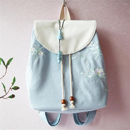 Backpack 1pcs Chinese Style Canvas Embroidery Retro Casual Drawstring Schoolbag Travel Knapsack Student Bookbag Women Girl Gift