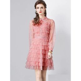 Basic Casual Dresses A Line Sweet Pink Print Ruffle Elegant For Women Lapel Long Sleeve High Waist Dress Female Fashion Clothing New D Dhdma