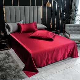Bonenjoy 1PC Bed Sheet Wine Red Solid Colour Smooth Top Sheets for Home Single/Queen/King Size Bed Linen Satinno pillowcase 240401