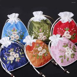 Gift Wrap Elegant Embroidery Flower Drawstring Bag Korean Style Jewelry Packing Small Coin Purse Wallet Satin Silk Handbag