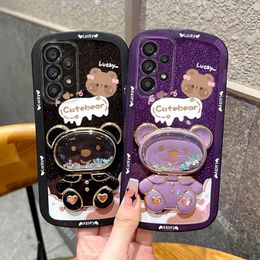 Bear Makeup Mirror Silicone Holder Phone Case For Samsung Galaxy A53 A52 A50 A54 A51 A52S A50S A32 A34 A30S A72 A21S A24 Cover
