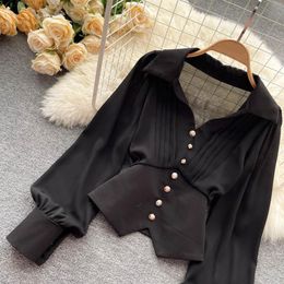 Women French Style Shirt Lapel V-neck Puff Long Sleeve Shirt Buttons Decor Blouse Irregular Hem Solid Color Tops Camisa De Mujer
