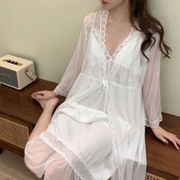 Bride Lace Robe Set White Women Bathrobe Gown Suit Sexy Sleepwear Nightgown Wedding Kimono Summer Satin Home Loungewear
