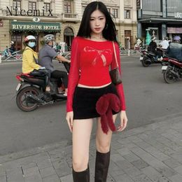 Work Dresses Spring Red Sexy Hollow Bow Slim Fit Long Sleeve T-shirt Sweet Spicy Contrast Plush Decorative Short Skirt Set 2 Piece Women