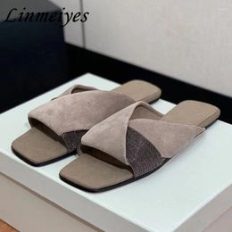 Slippers 2024 Beaded Flat Woman Luxury Comfort Vacation Beach Mules Shoes Female Cow Suede Cross Belt Casual Women