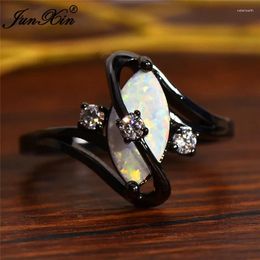 With Side Stones Boho Cute Female Blue White Fire Opal Stone Ring Fashion 14KT Black Gold Jewellery Vintage Party Wedding Rings For Women