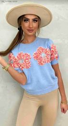 Women's T-Shirt Fashion 3D Flower Print Women Knit Pullover Elegant Slim O-neck Short Slve Sweater 2024 Spring Summer Female Panelled Knitwear 1 T240415