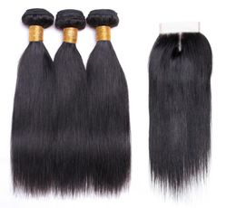 Brazilian Virgin Hair Straight Weave 4 Bundles With Lace Closure Natural Black Unprocessed Indian Peruvian Malaysian Human Hair Bu3019019