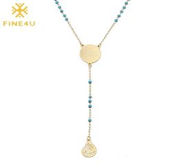 FINE4U N314 Stainless Steel Muslim Arabic Printed Pendant Necklace Blue Colour Beads Rosary Necklace Long Chain Jewelry2332440