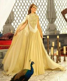 Middle East Evening Dresses Nancy Ajram 2016 High Neck Beaded Embroidery On Lace Top with Chiffon Cape Celebrity Party Dresses5170811