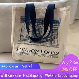 Storage Bags Women Canvas Shoulder Bag London Books Print Ladies Casual Handbag Tote Reusable Large Capacity Cotton Shopping Beach