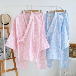 Home Clothing Two Piece Set Pyjama Suit Kimono Robe Tops And Shorts Print Cotton Spring Summer Pyjamas For Women Nightie Sleepwear Pink Blue