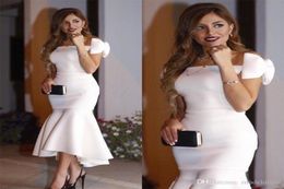 Arabic Short White Cocktail Dresses Off Shoulder Bow Mermaid Tea Length Modest Prom Party Evening Gowns elegant evening formal dre8752805