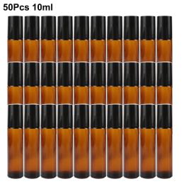 Equipments 50pcs/sets 10ml Amber Empty Refillable Roll on Bottles for Essential Oils Deodorant Containers with Stainless Steel Roller Ball
