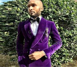 2018 Latest Designs Purple Velvet Men Suit Custom Made Size Tuxedos Prom Mens Suits Man Groom Wedding Suits JacketPants 2 4768376