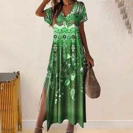 Casual Dresses Women Summer Dress Colorful Print V Neck Side Split Loose A-line Short Sleeves Ankle Length Vacation Maxi