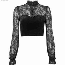 Women's T-Shirt Goth Sexy Lace Mesh Flared Long Slve Corset Crop Tops Y2K Harajuku Vintage Aesthetic Black T-shirts Women Tops Ts Strtwear 1 T240415