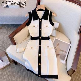 Casual Dresses Matakawa Knitted Women Contrast Colour Elegant Spring Summer Sweet Vestidos Mujer Korean Fashion Sleeveless Mini Dress