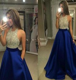 Royal Blue Satin Prom Dresses for Women with Beaded Pocket Halter Floor Length Zipper Formal Evening Party Gowns1769942