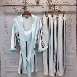 Home Clothing 2024 Fashion Silk Pyjamas Sexy Suspenders Long Trousers 3 Pieces Set Suit Women's Stripe Sleepwear Casual Nightwear