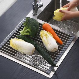 Kitchen Storage Foldable Stainless Steel Dish Drainer Roll Up Bowl Fruit Vegetable Drying Rack Sink Holder Tableware Plate Organiser