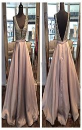 2020 New Sexy Long Evening Dresses Backless Ball Gown Deep V Neck Beading Satin Sleeveless Occasion Dress Cheap Pageant Party Prom2235410