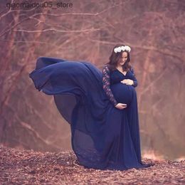 Maternity Dresses Lace splicing maternity dress photo shoot long robe oversized baby shower dress photo dress Q240413