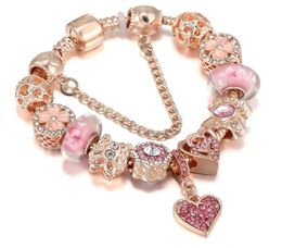 Top Quality Rose Gold Pink Silver Charm Beads Cherry Red Heart Crystal Butterfly Flower Fits European Charms Bracelets Safety Chain Jewelry DIY Women6086363