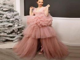 Tiered Ball Gown Tulle Prom Dresses VNeck HiLo Formal Evening Dresses Ruffle Zipper Back Ship Evening GOWNS1803237