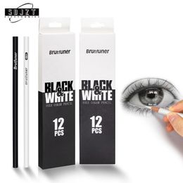 12Pc White & Black Coloured Pencils Professional Oil Colour Pencil Drawing Pencil Set Sketch School Student Art Supplies