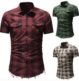 Men Plaid Shirts Short Sleeve Slim Fit Turn Down Collar Shirts with Pockets 3 Colours Summer Ripped Denim Shirt Plus Size3164011