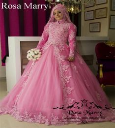 Pink Islamic Hijab Ball Gown Wedding Dresses 2020 High Neck Long Sleeves Vintage Lace Overskirt Plus Size Kaftan Abayas African Br7550988