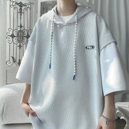 Summer Waffle Hooded Short Sleeve T-shirt Korean Fashion Fake Two Tshirt Y2K Streetwear Oversize Tee Tops Casual ropa hombre 240329