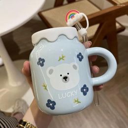 Mugs Cute Ceramic Mug With Lid And Straw Kawaii Cartoon Coffee Milk Tea Cup Birthday Christmas Gift For Men Women Friends Students