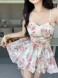 Casual Dresses Countryside Mini Dress Prarie Pleated Waist Rose Floral Camisole Women Summer Trendy A-line Short Sweet Minni Fluffy