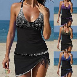 Halter V Neck Women Tankini 2 Piece Swimsuit 2024 Swimwear Tummy Control Bathing Suit Mujer Beach Skirt Swimdress