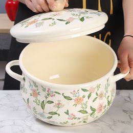 Enamel Stew Pot Thick Curl Retro Enamel Soup Pot with Lid Double Handle Large Capacity Cooking Pot Cookware Kitchen Accessories