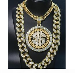 2CM Hip Hop Men Gold Sliver Necklace Ice Out Crystal Miami Dollar Sign Rock Pendant Set Bling Rapper Hip Hop Jewerly For Men2101834