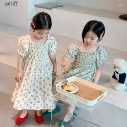 Girl's Dresses Girl Dresses Girls Cotton Flowers Casual Clothing For Kids Lovely Short Sleeve Toddlers A-line Ruched Lolita Sundress C240413