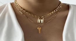 Cuban Link Chain Choker Necklace Punk Multilayer Key Long Pendant Necklace for Women Gold Color Collar Jewlery8152474